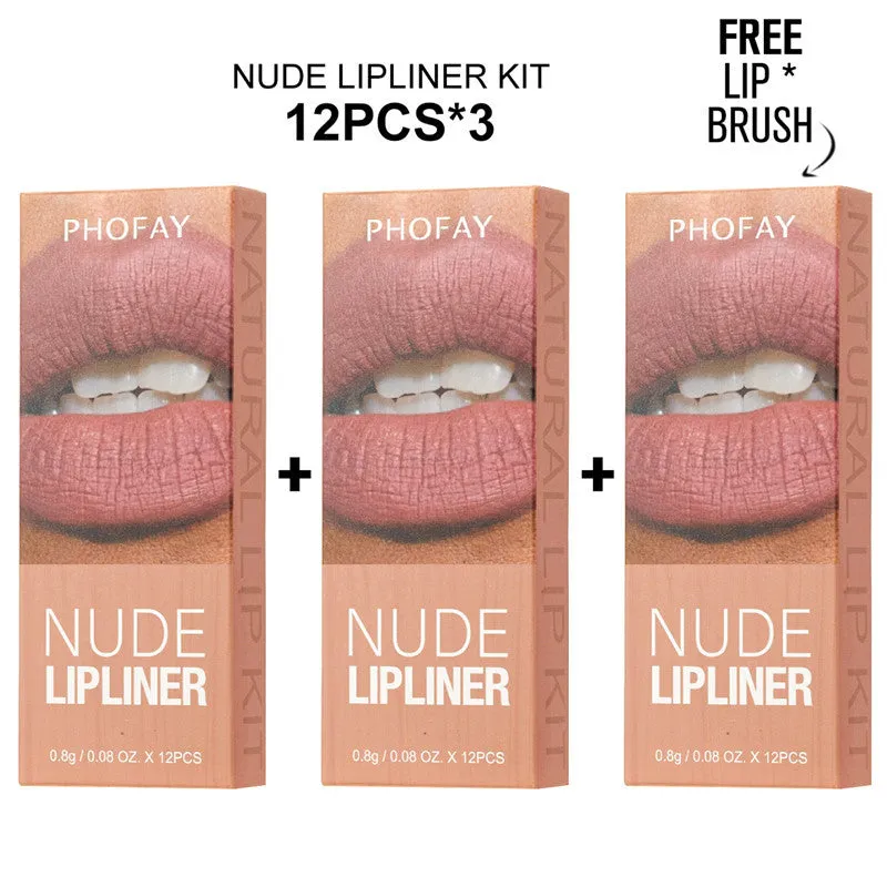 PHOFAY Nude Lipliner Kit 12 piece set in brown packaging with individual pencils