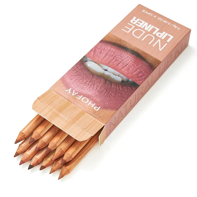 PHOFAY Nude Lipliner Kit 12 piece set in brown packaging with individual pencils