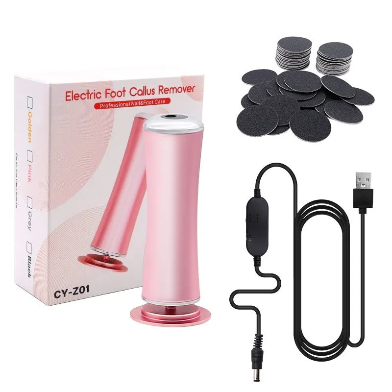 Electric foot callus remover with sandpaper disc attached for removing dead skin and calluses from heels