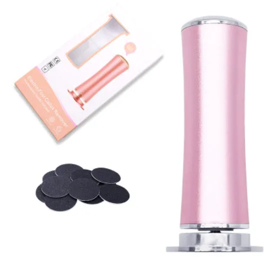 Electric foot callus remover with sandpaper disc attached for removing dead skin and calluses from heels