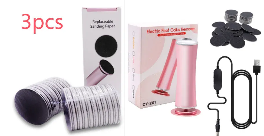 Electric foot callus remover with sandpaper disc attached for removing dead skin and calluses from heels