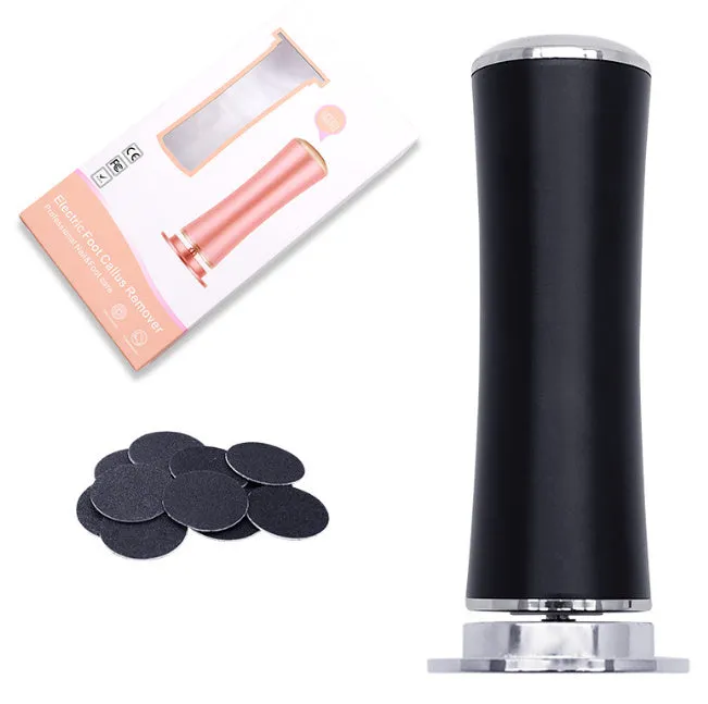 Electric foot callus remover with sandpaper disc attached for removing dead skin and calluses from heels