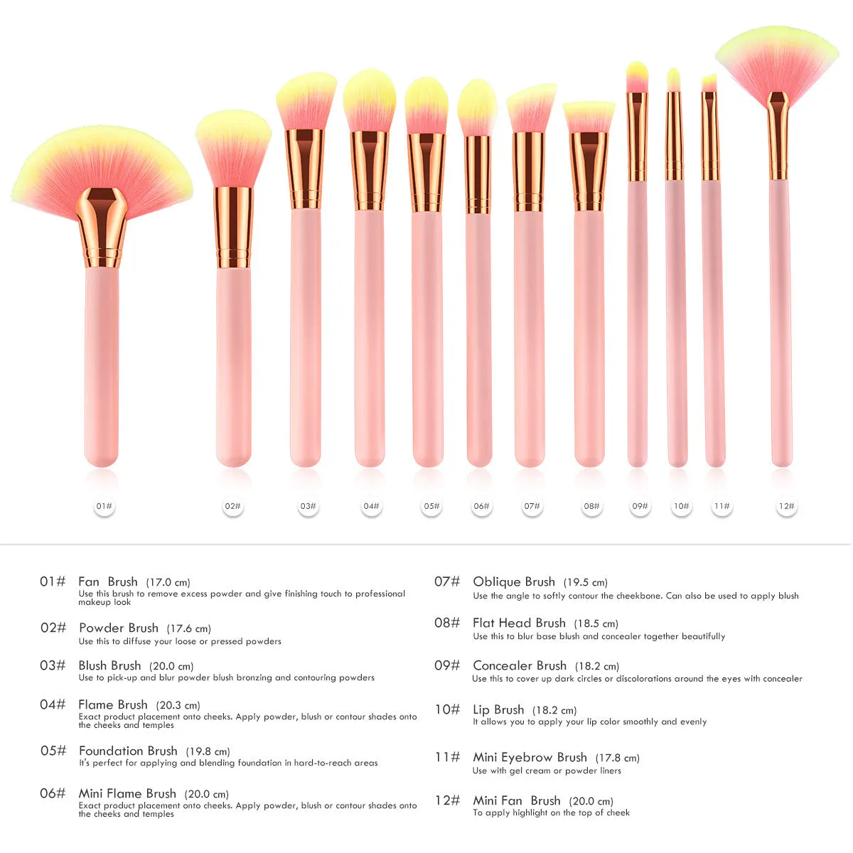 Twelve pink makeup brushes with nylon bristles and wood handles laid out in a row on a light background