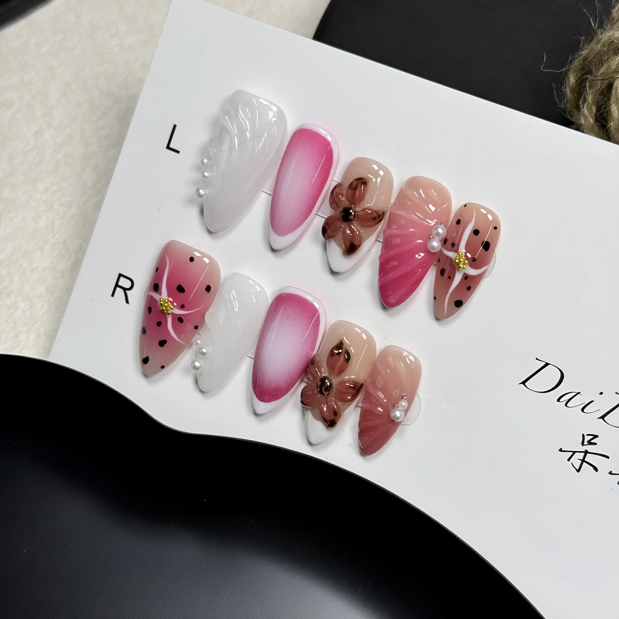 Nail art beauty patches with hand-painted 3D carved designs and embossed candy patterns