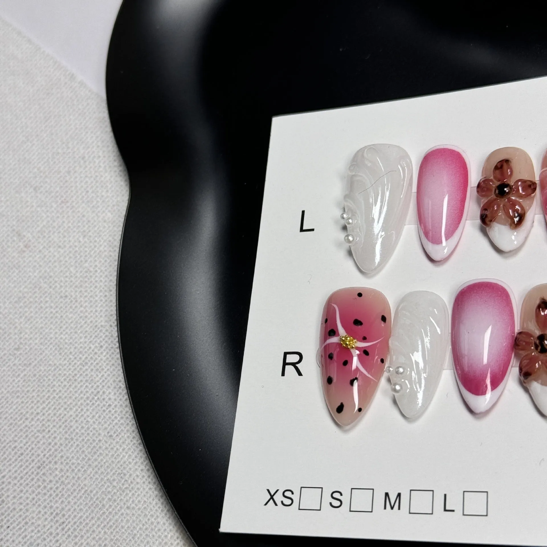 Nail art beauty patches with hand-painted 3D carved designs and embossed candy patterns