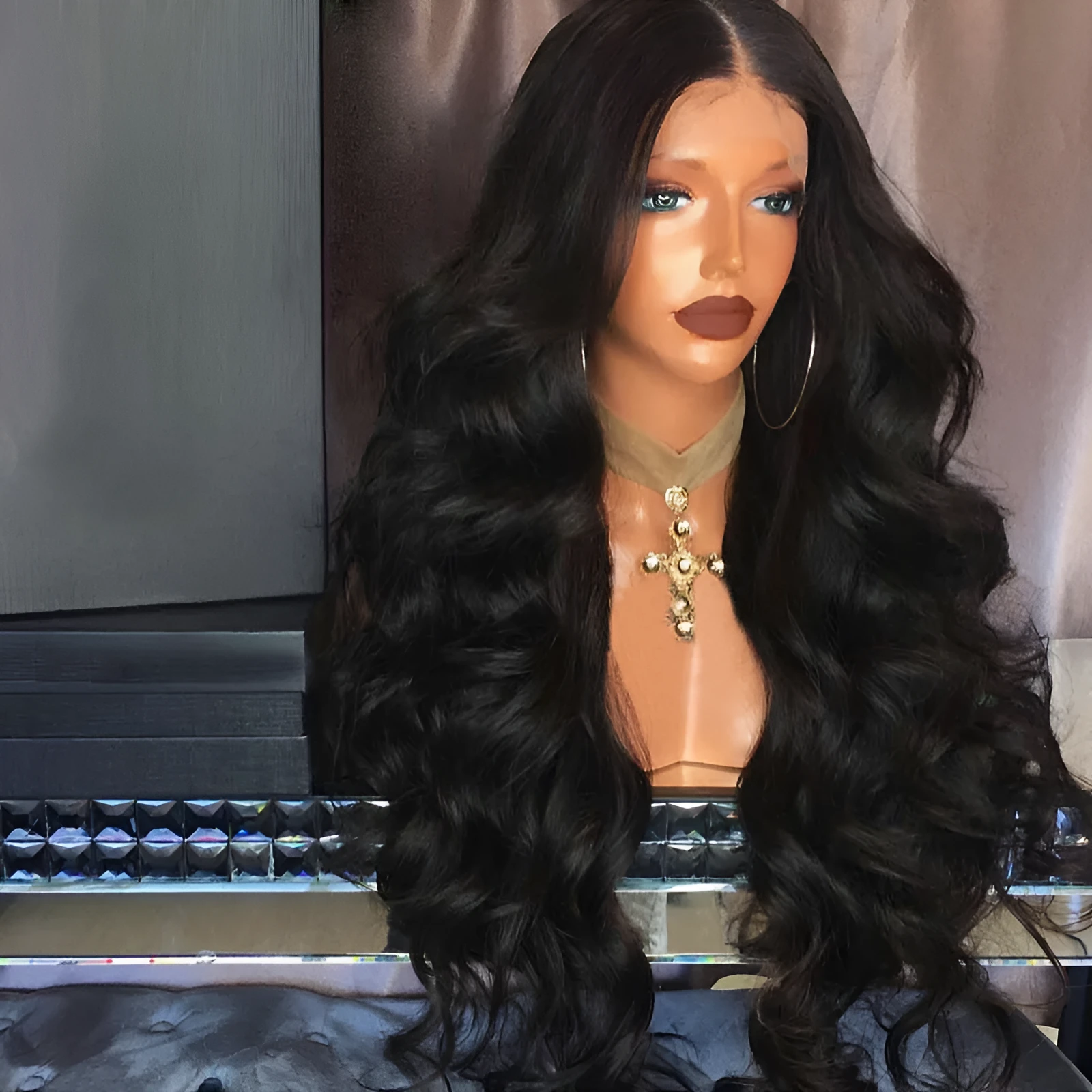 Black big wave ladies fashion wig with front lace and long straight hair