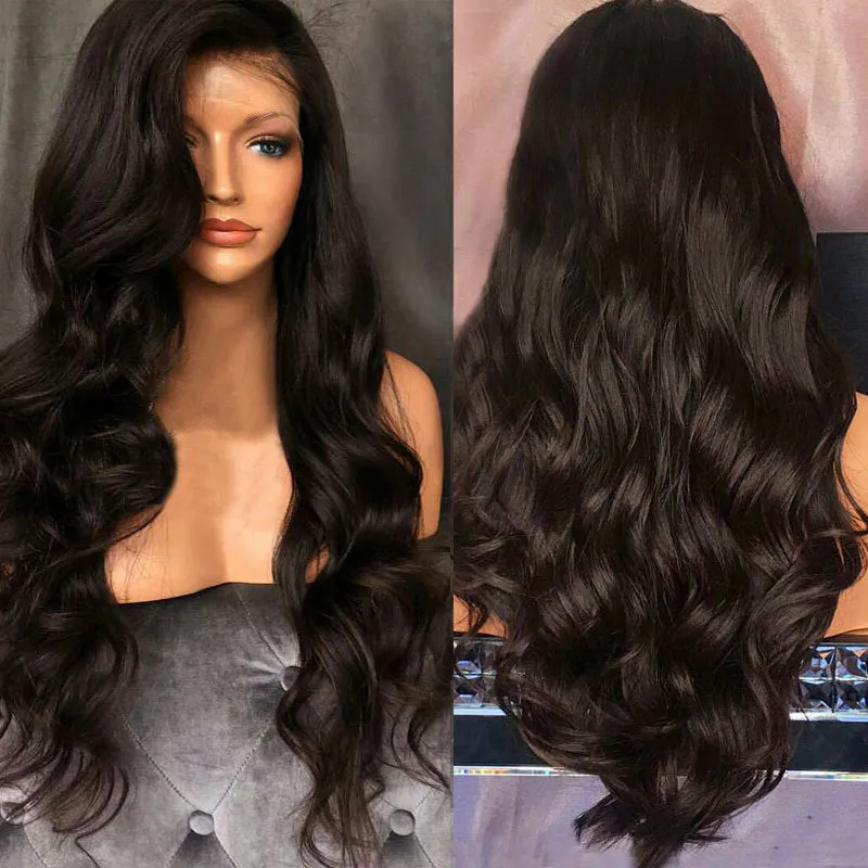 Black big wave ladies fashion wig with front lace and long straight hair