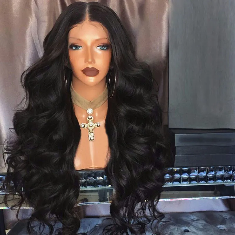 Black big wave ladies fashion wig with front lace and long straight hair