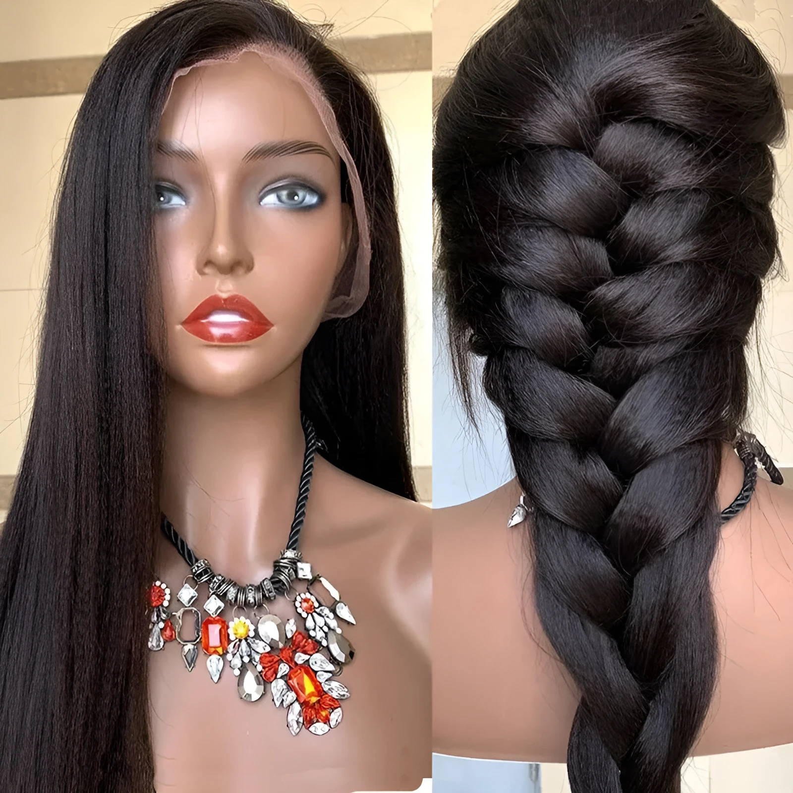 Long straight black high temperature silk wig with long bangs on a mannequin head