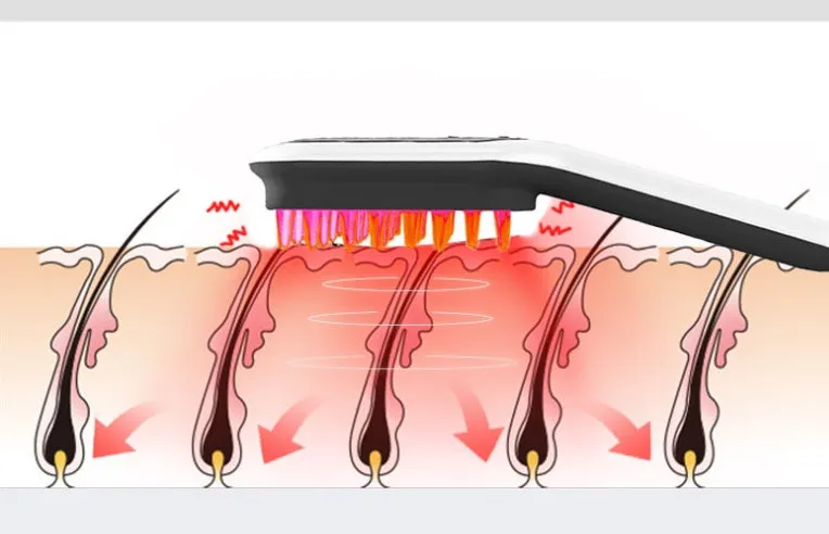 White electric head massager comb with red and blue light therapy, magnetic contacts, and LED display on a clean background