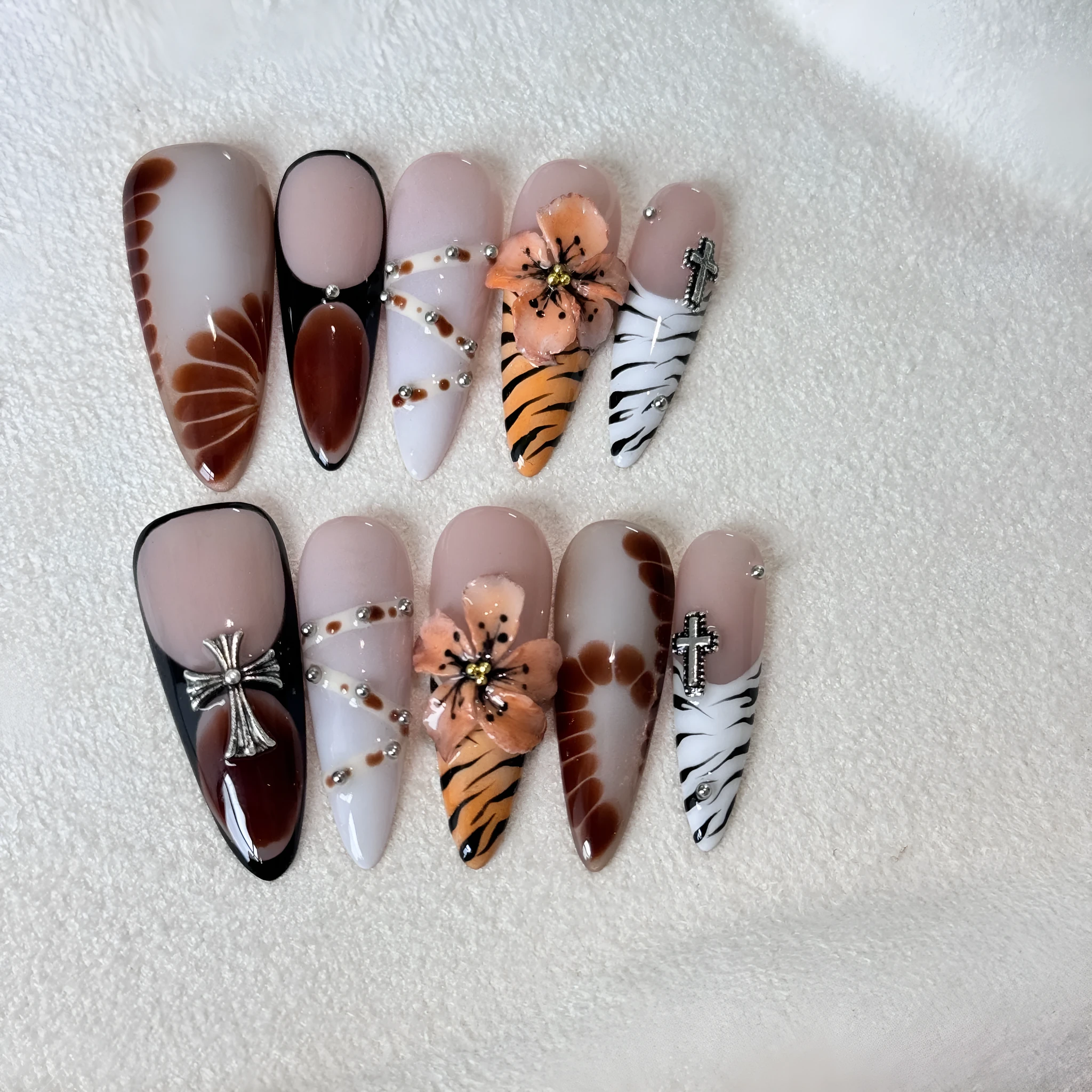 Handmade French style leopard print nail stickers with cross and flower designs in sizes XS S M L