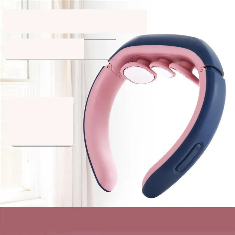 White electric pulse neck massager collar with three massage contacts and heat button