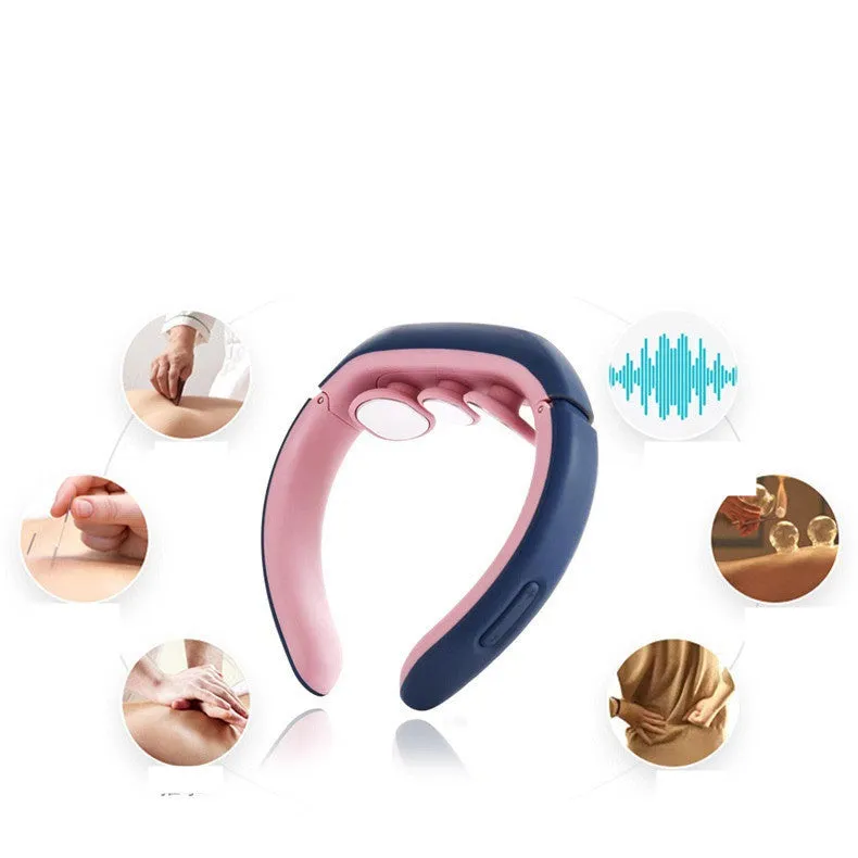 White electric pulse neck massager collar with three massage contacts and heat button