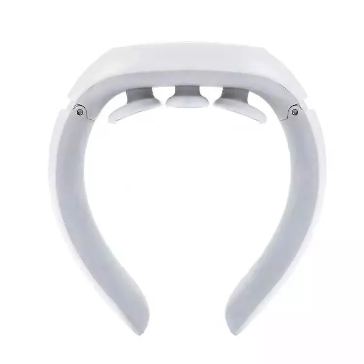 White electric pulse neck massager collar with three massage contacts and heat button
