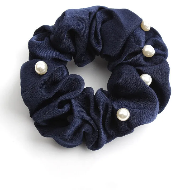Set of 6 cloth-covered rubber hair rings in black, dark blue, grey, light blue, pink, and red