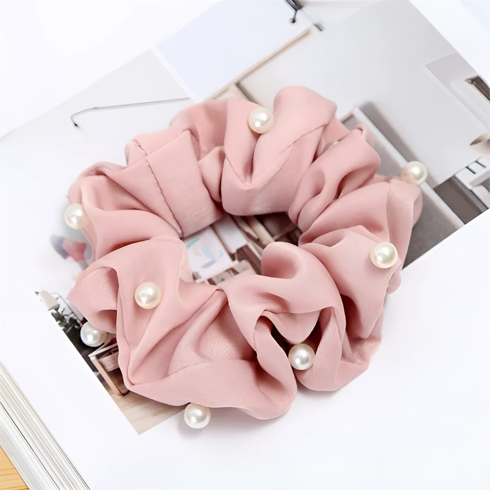 Set of 6 cloth-covered rubber hair rings in black, dark blue, grey, light blue, pink, and red