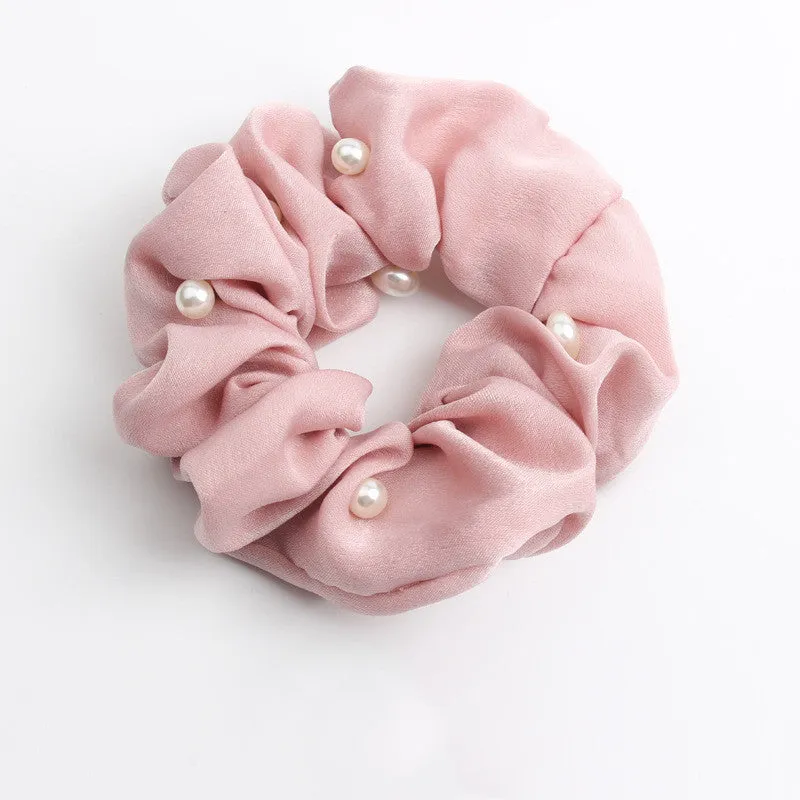 Set of 6 cloth-covered rubber hair rings in black, dark blue, grey, light blue, pink, and red