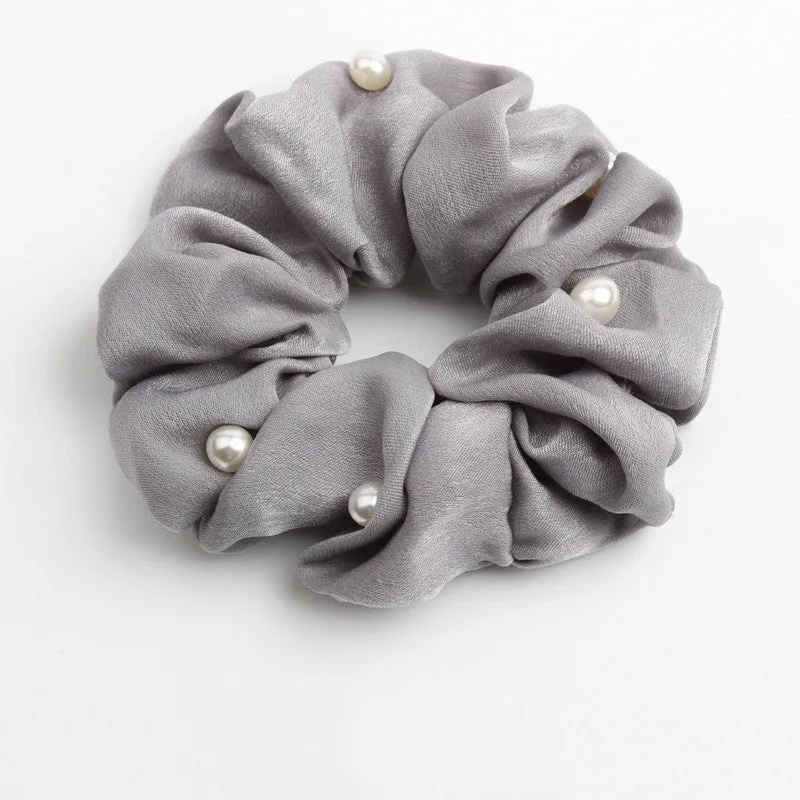 Set of 6 cloth-covered rubber hair rings in black, dark blue, grey, light blue, pink, and red