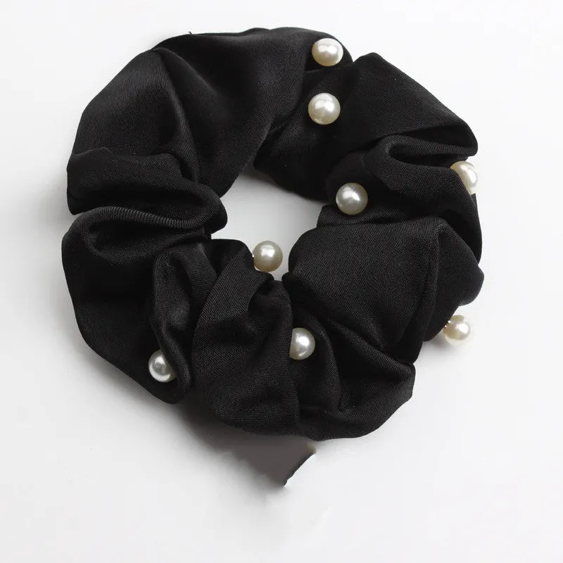 Set of 6 cloth-covered rubber hair rings in black, dark blue, grey, light blue, pink, and red