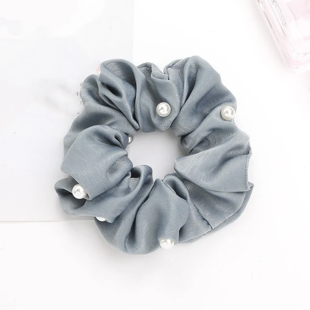 Set of 6 cloth-covered rubber hair rings in black, dark blue, grey, light blue, pink, and red