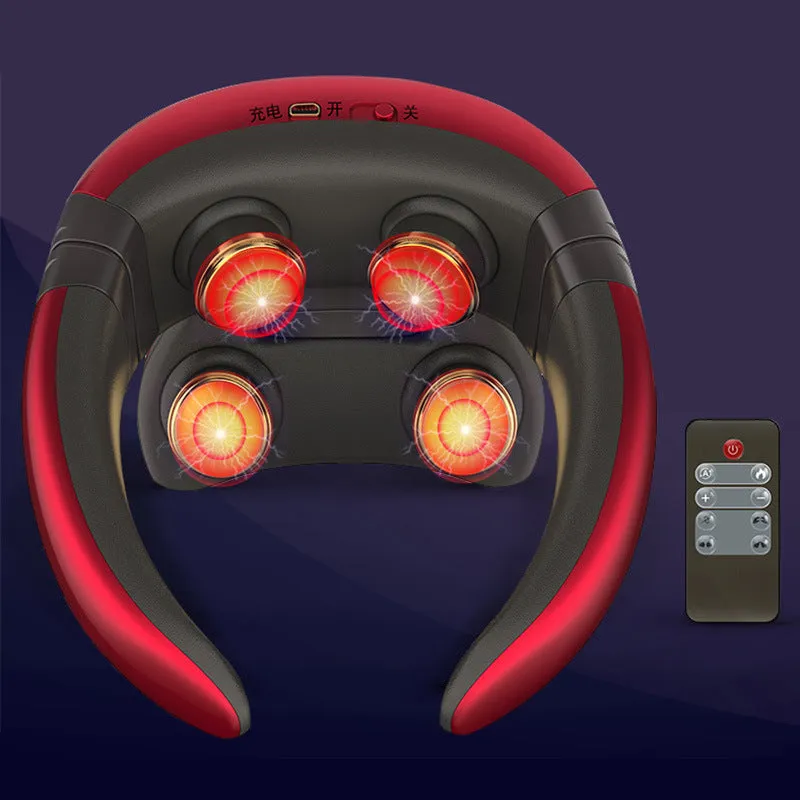 Smart electric pulse back and neck massager with 4 heads, remote control, and hot compress