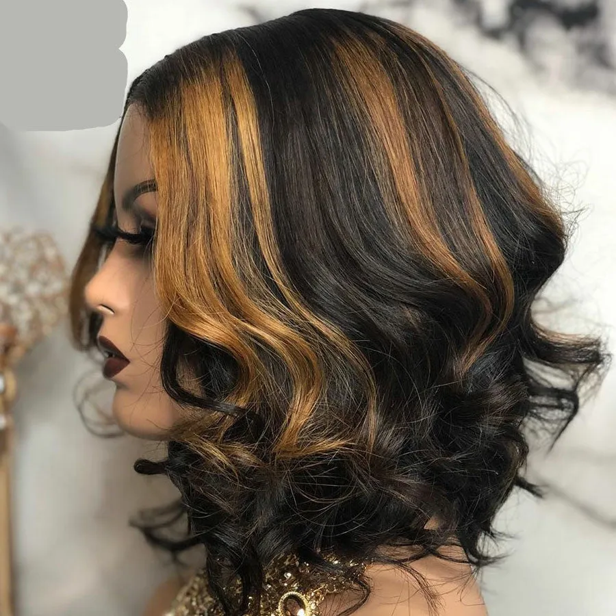 Short curly wig in mid-point black and brown with long bangs on a head form