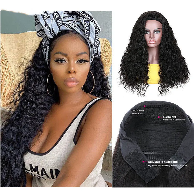 Brazilian Water Wave Headband Human Hair Wig for Ladies Medium Long Hair 8-18 Inch Lengths Can Be Dyed Any Skin Colour Photo Colour Natural Look