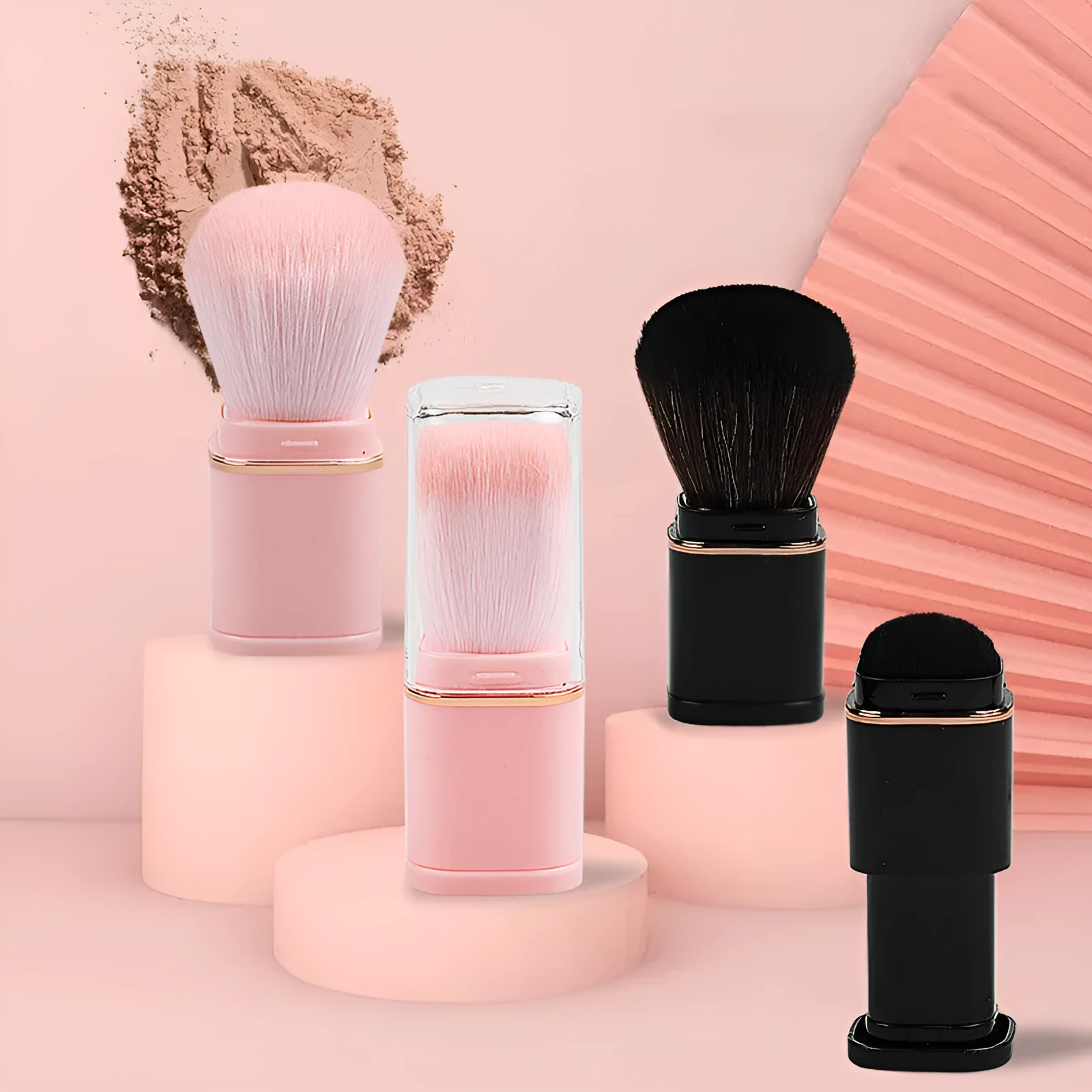 Portable retractable makeup brush with black telescopic handle and artificial fibre bristles for powder blusher application