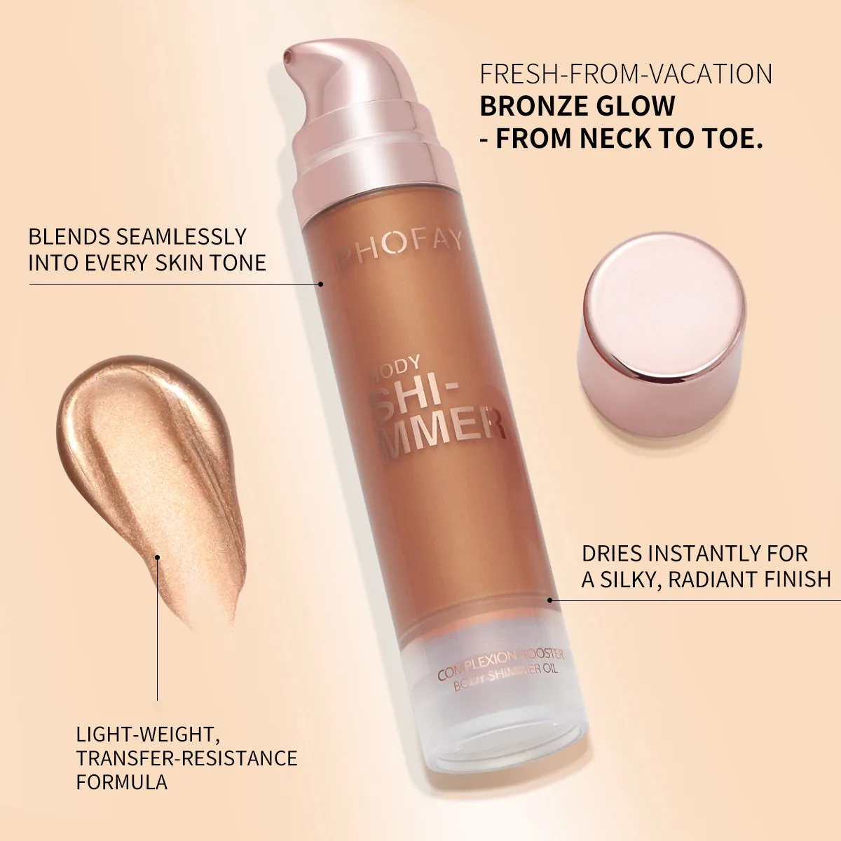 PHOFAY Body Shimmer Oil 25ml bottle with lightweight silky shimmering formula