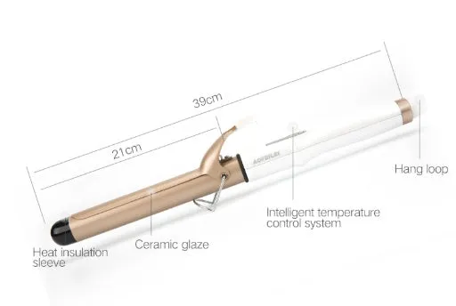 LCD curling iron with ceramic barrel and digital display, available in 19mm to 32mm sizes