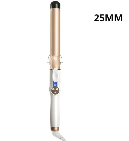 LCD curling iron with ceramic barrel and digital display, available in 19mm to 32mm sizes