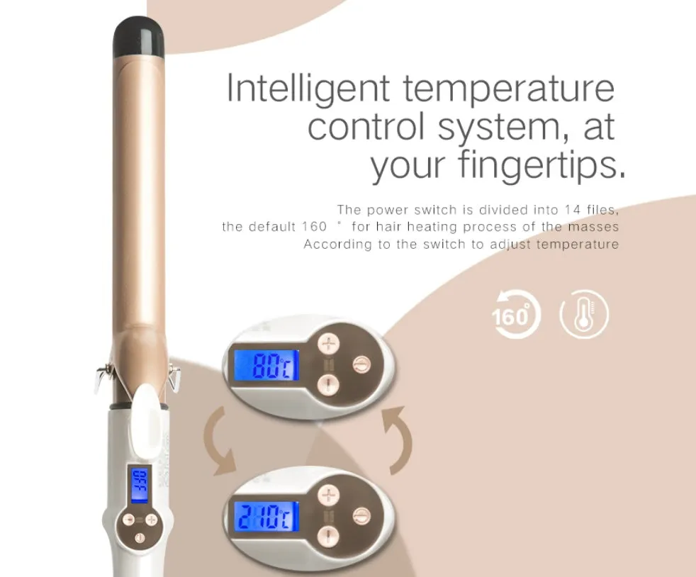 LCD curling iron with ceramic barrel and digital display, available in 19mm to 32mm sizes