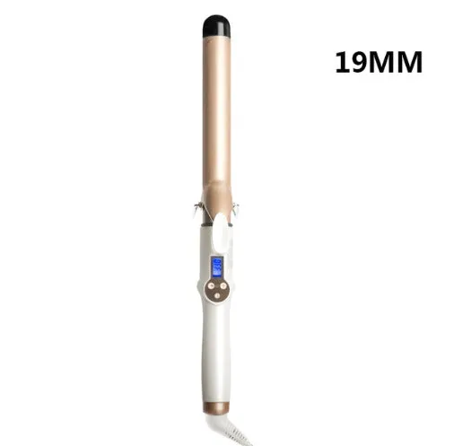 LCD curling iron with ceramic barrel and digital display, available in 19mm to 32mm sizes