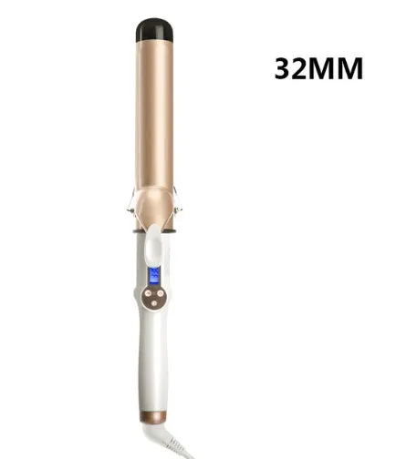 LCD curling iron with ceramic barrel and digital display, available in 19mm to 32mm sizes