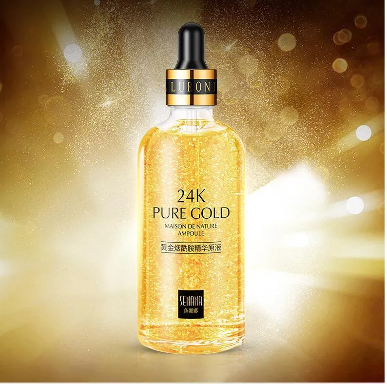 24K gold nicotinamide stock solution serum in bottle with dropper, lightweight gel formula for anti-aging and brightening
