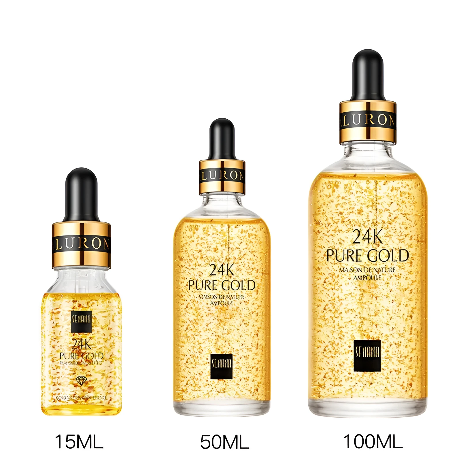 24K gold nicotinamide stock solution serum in bottle with dropper, lightweight gel formula for anti-aging and brightening
