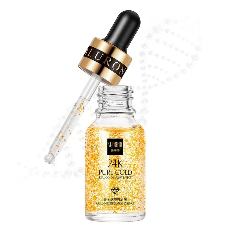 24K gold nicotinamide stock solution serum in bottle with dropper, lightweight gel formula for anti-aging and brightening