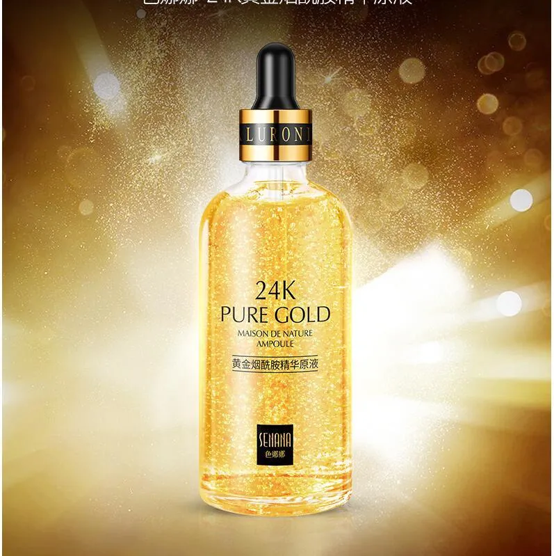 24K gold nicotinamide stock solution serum in bottle with dropper, lightweight gel formula for anti-aging and brightening