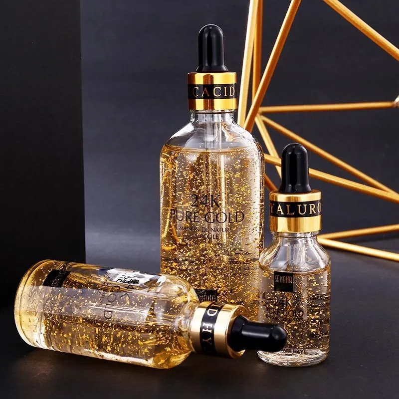 24K gold nicotinamide stock solution serum in bottle with dropper, lightweight gel formula for anti-aging and brightening