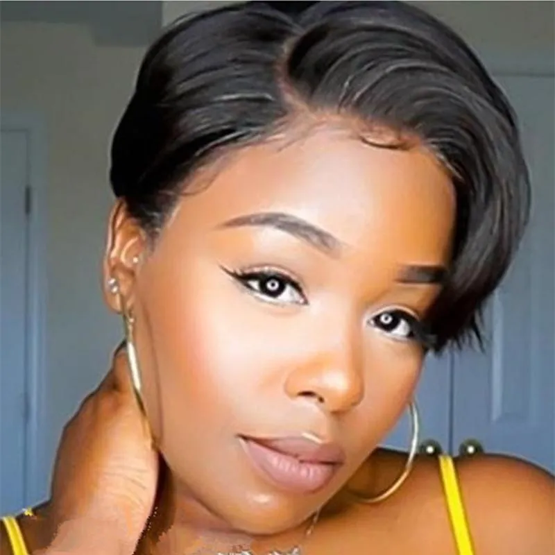 Short bob wig with lace frontal in black colour made from high temperature wire for hairstyle change