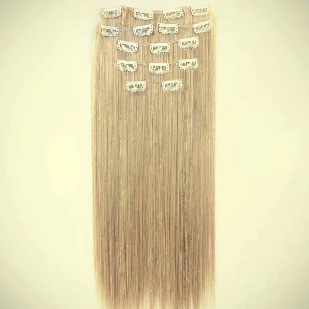 Synthetic clip-in straight hair extension set 55-60cm with metal clips and silicone backing in multiple colour options