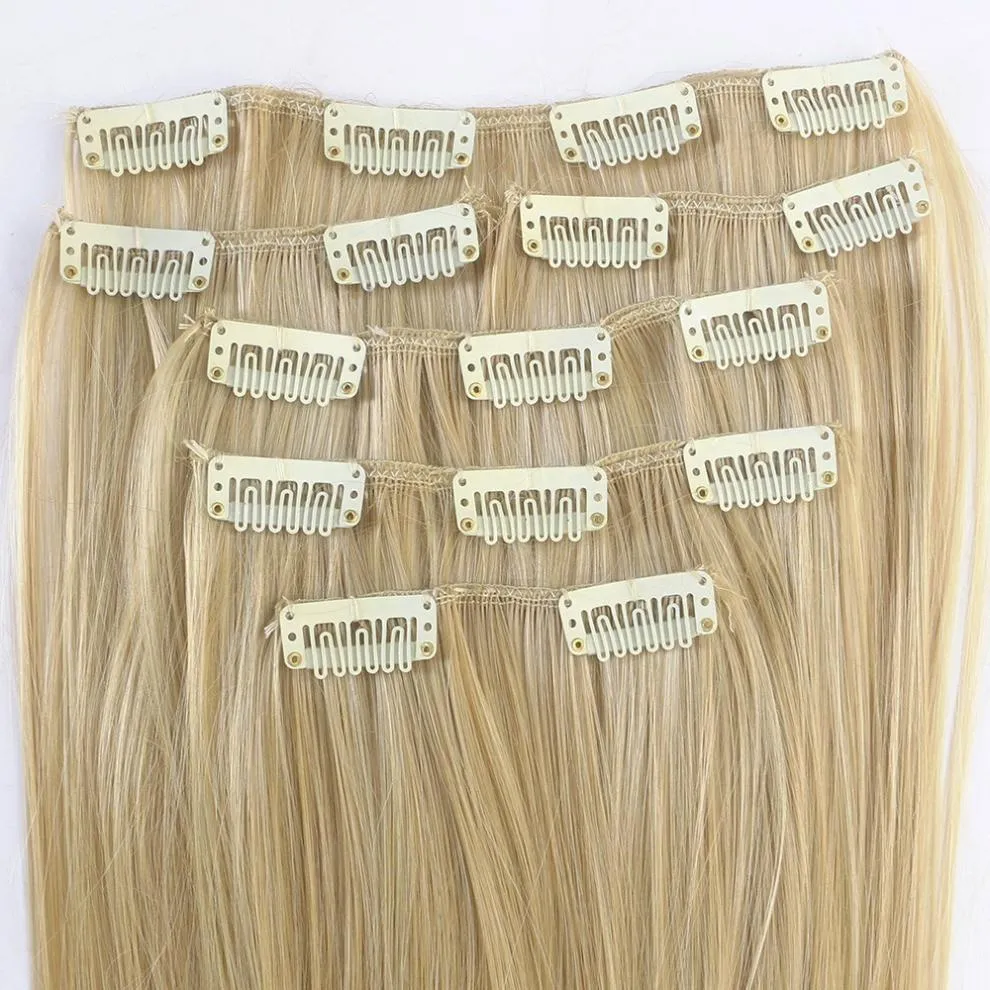 Synthetic clip-in straight hair extension set 55-60cm with metal clips and silicone backing in multiple colour options
