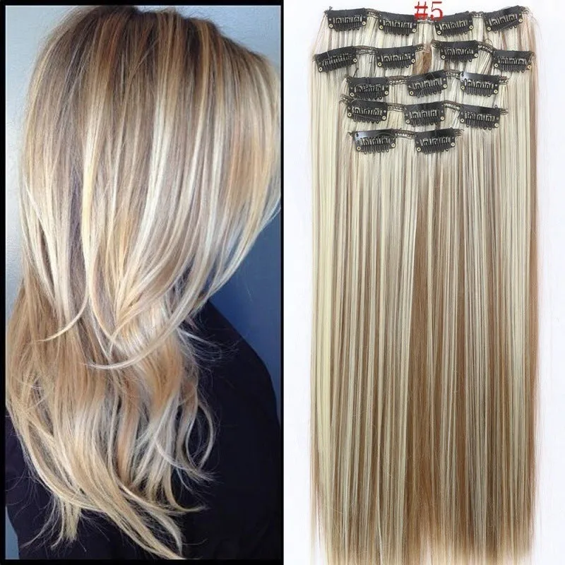 Synthetic clip-in straight hair extension set 55-60cm with metal clips and silicone backing in multiple colour options