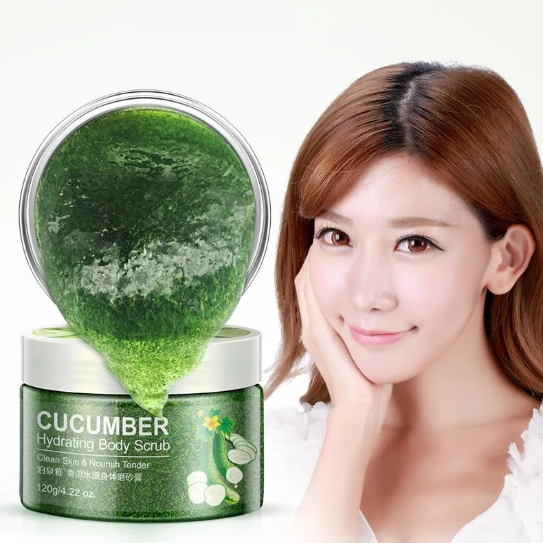 Green cucumber facial scrub jar for skin brightening and gentle exfoliation