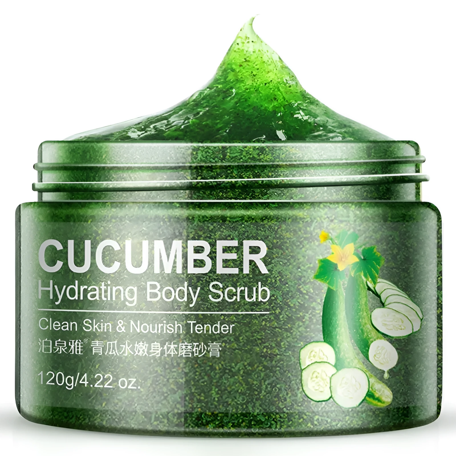 Green cucumber facial scrub jar for skin brightening and gentle exfoliation