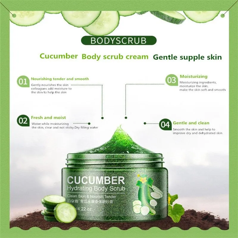 Green cucumber facial scrub jar for skin brightening and gentle exfoliation
