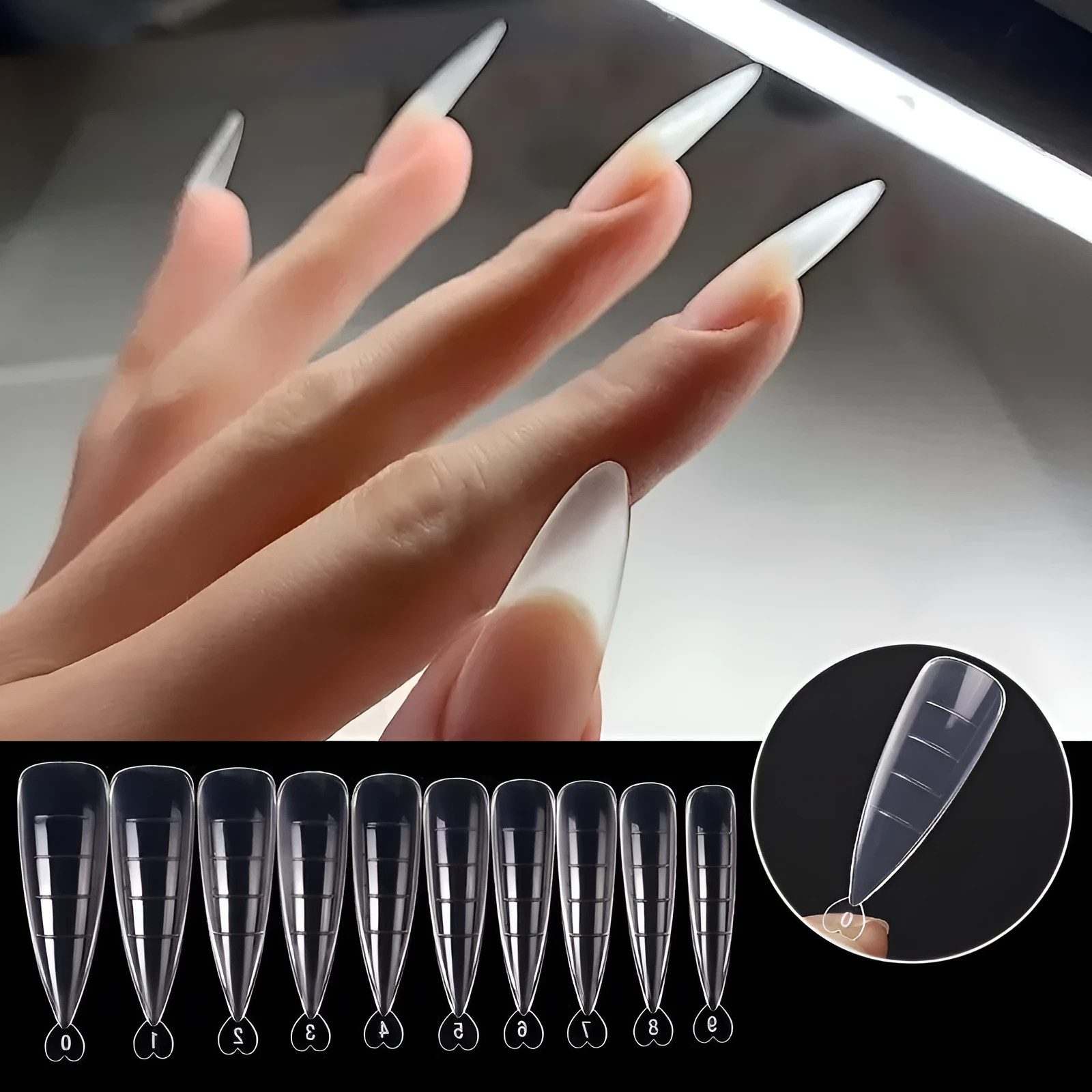 Transparent ultra-thin non-marking nail art sheets in a square box with scale and nail clip