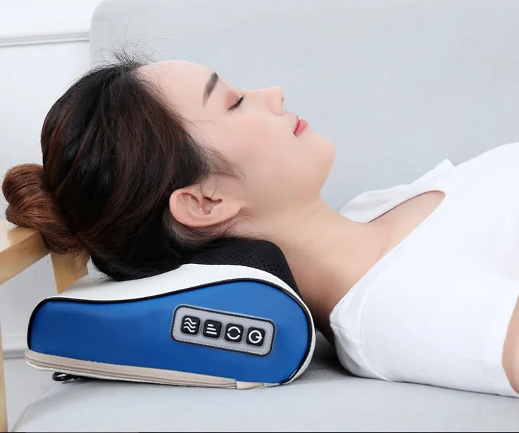 Electric cervical massage pillow with 16 heads in beige, rectangular trapezoid shape with computer control panel