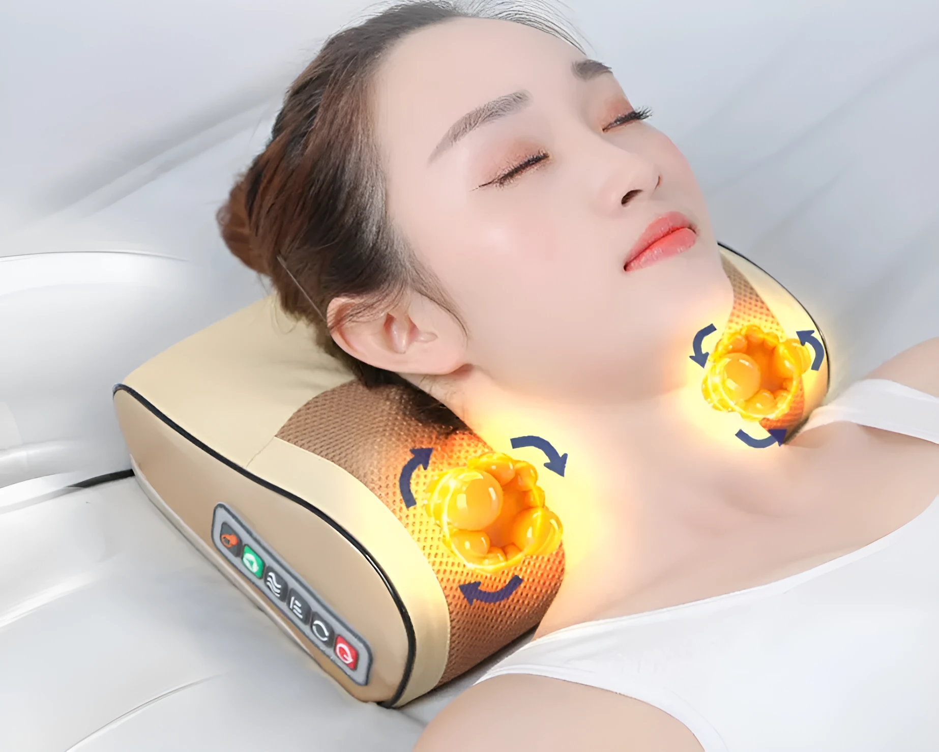 Electric cervical massage pillow with 16 heads in beige, rectangular trapezoid shape with computer control panel