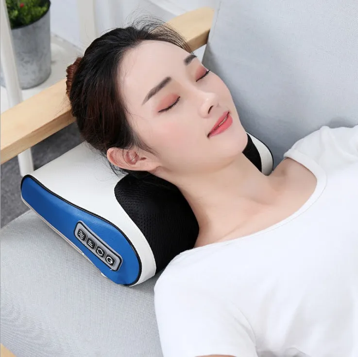 Electric cervical massage pillow with 16 heads in beige, rectangular trapezoid shape with computer control panel